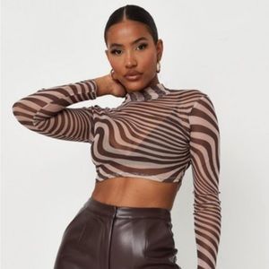 Carli Bybel x Missguided Brown Swirl Print Semi Sheer Mesh High Neck Crop Top